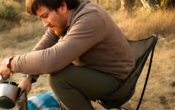Beginner backpack camping kit with a tent, sleeping bag, sit pad, stove, and food bag