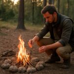 Campfire setup with logs and kindling