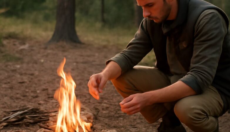 Campfire setup with logs and kindling