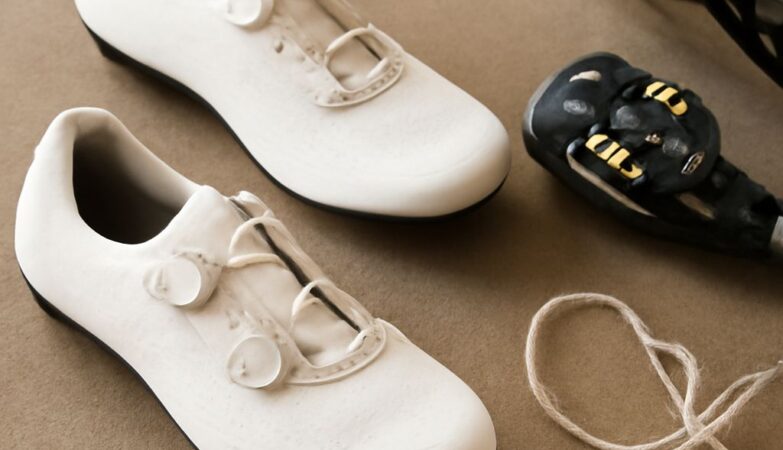 A pair of women's cycling shoes on a wooden floor