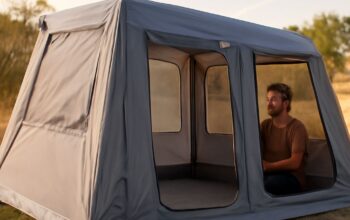 A picturesque view of an inflatable tent set up in a scenic outdoor location