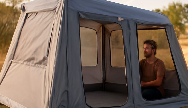 A picturesque view of an inflatable tent set up in a scenic outdoor location