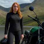 Various women's motorcycle gear including jacket, helmet, and gloves