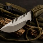 A high-quality survival knife on a wooden surface
