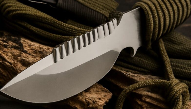 A high-quality survival knife on a wooden surface