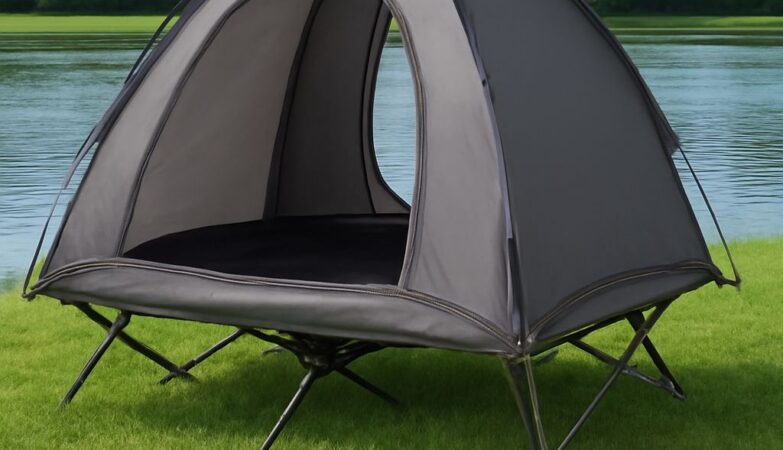 Tent cot set up in a scenic outdoor location