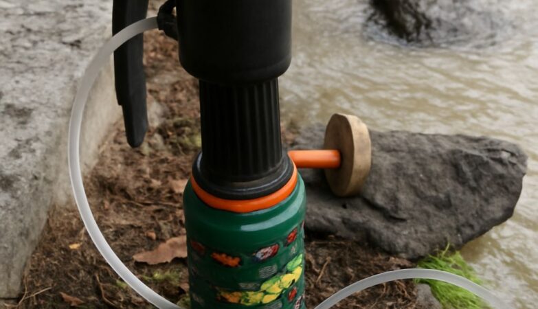 A portable water filter used in a hiking setting